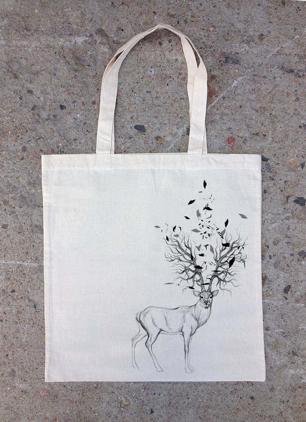 Hand Drawn Elk with Tree Antlers and Triangles - Natural Cotton Canvas Tote Bag