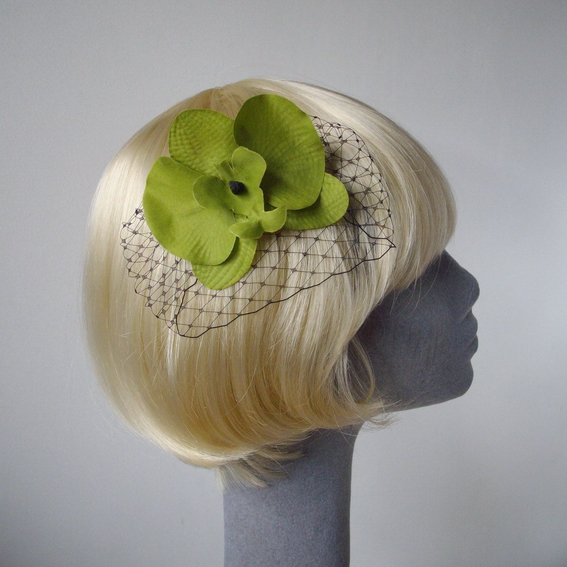 Lime Green Orchid Flower Hair Comb with Veiling