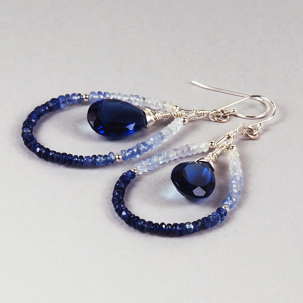 Shaded Sapphire and  Blue Quartz Earrings, September Birthstone Earrings, Sapphire Teardrop Earrings