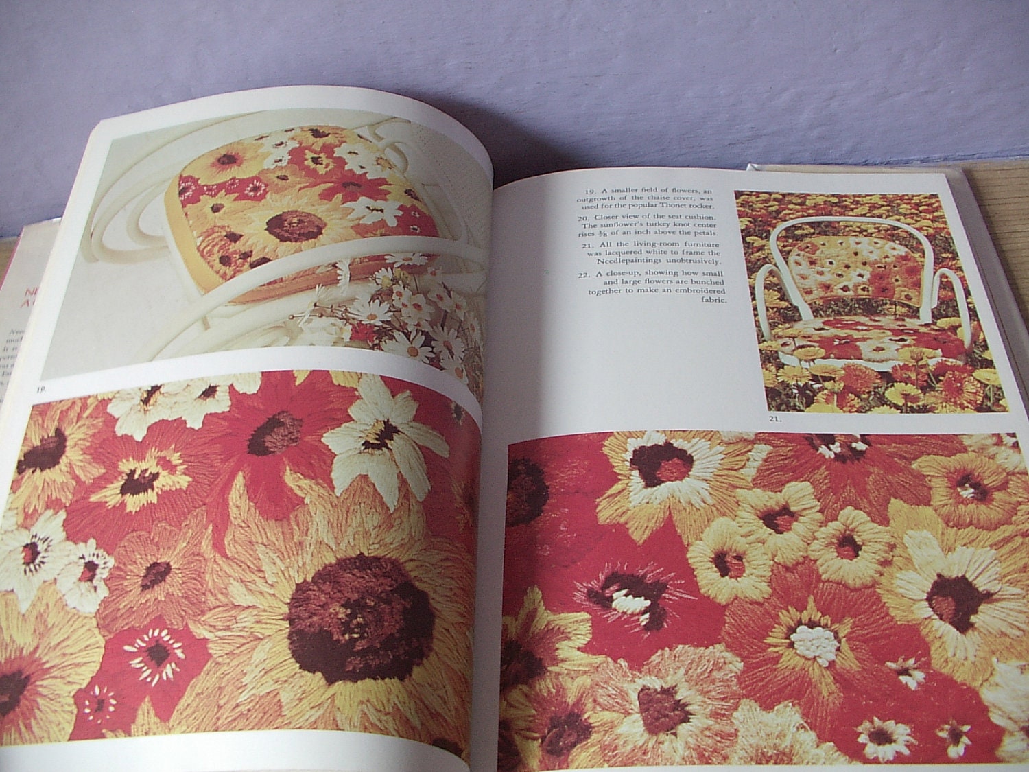 vintage embroidery book, Needlepainting A Garden of Stitches 1974, pillows chairs furniture, crewel, tapestry, interior design
