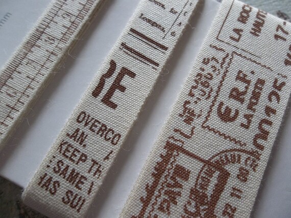 Timesless Retro Printed Fabric Ribbon Trim Brown & Cream with French Text, Postage Stamps and Ruler - 3 Meters
