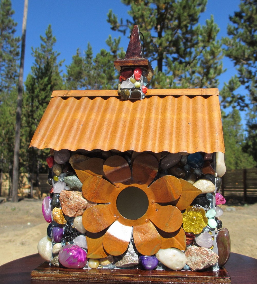 Whimsical Garden Birdhouse with Colorful Agates, Mosaic