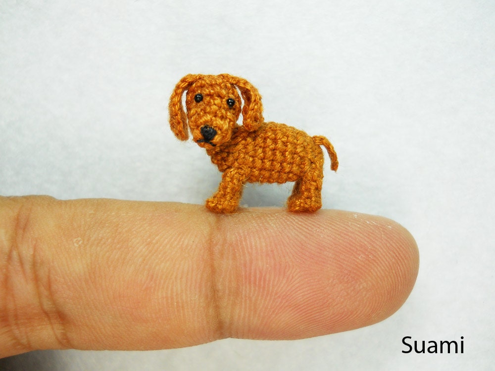 Miniature Brown Dachshund Dog - Teeny Tiny Dollhouse Crochet  Pet - Made To Order