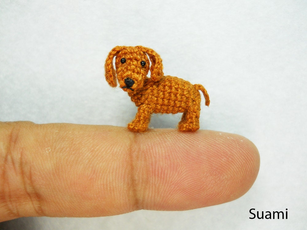 Miniature Brown Dachshund Dog - Teeny Tiny Dollhouse Crochet Pet