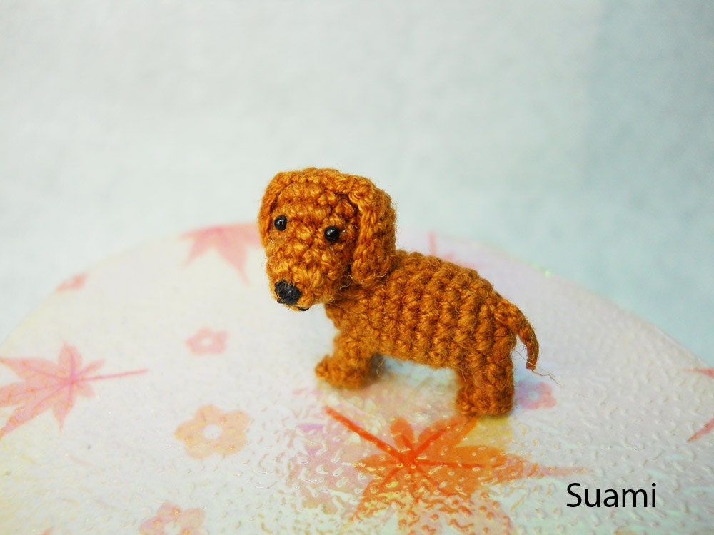 Miniature Brown Dachshund Dog - Teeny Tiny Dollhouse Crochet Pet