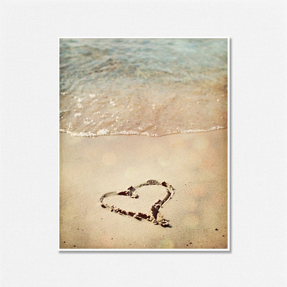 Beach Decor, Heart, Love, Dreamy Love, Beach, Ocean, Water, Romance, Wedding Gift, Anniversary Gift, Teal Aqua Tan, Heart in the Sand.