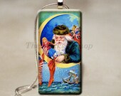 Domino Pendant Necklace -Santa Claus - Father Christmas - Christmas Pendant  - Vintage -  FREE Silver Plated Snake Chain included (KK4) - TheWickedShop