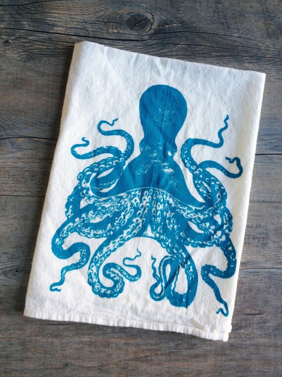 Octopus Screen Printed Kitchen Cotton Tea Towel - Earth Friendly and Reusable - Nautical Dish Towel - Housewarming Gift
