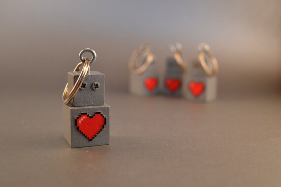 Robot Key Ring Key Chain Accessory, Functional Art, Gray Heart bot