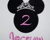 Princess Minnie Mouse birthday applique t shirt or onesie with crystal accents - Personalized in Disney font your choice of colors