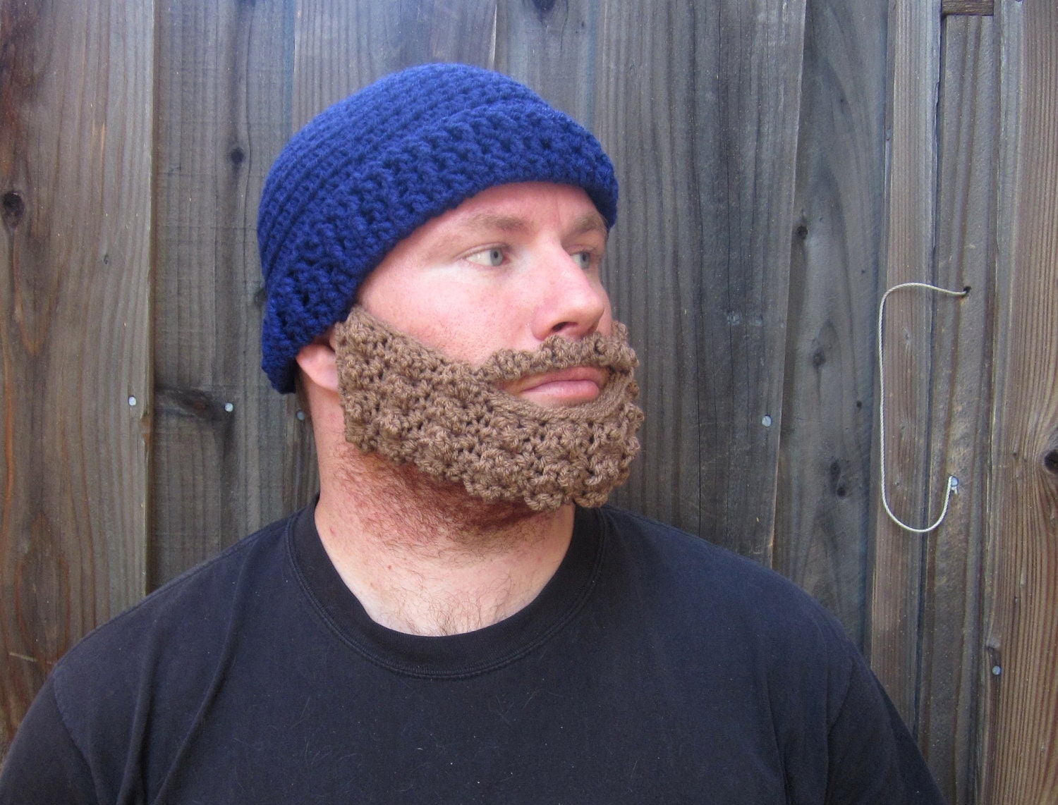 Beard Hat (crochet navy hat with detachable light brown beard attachment)