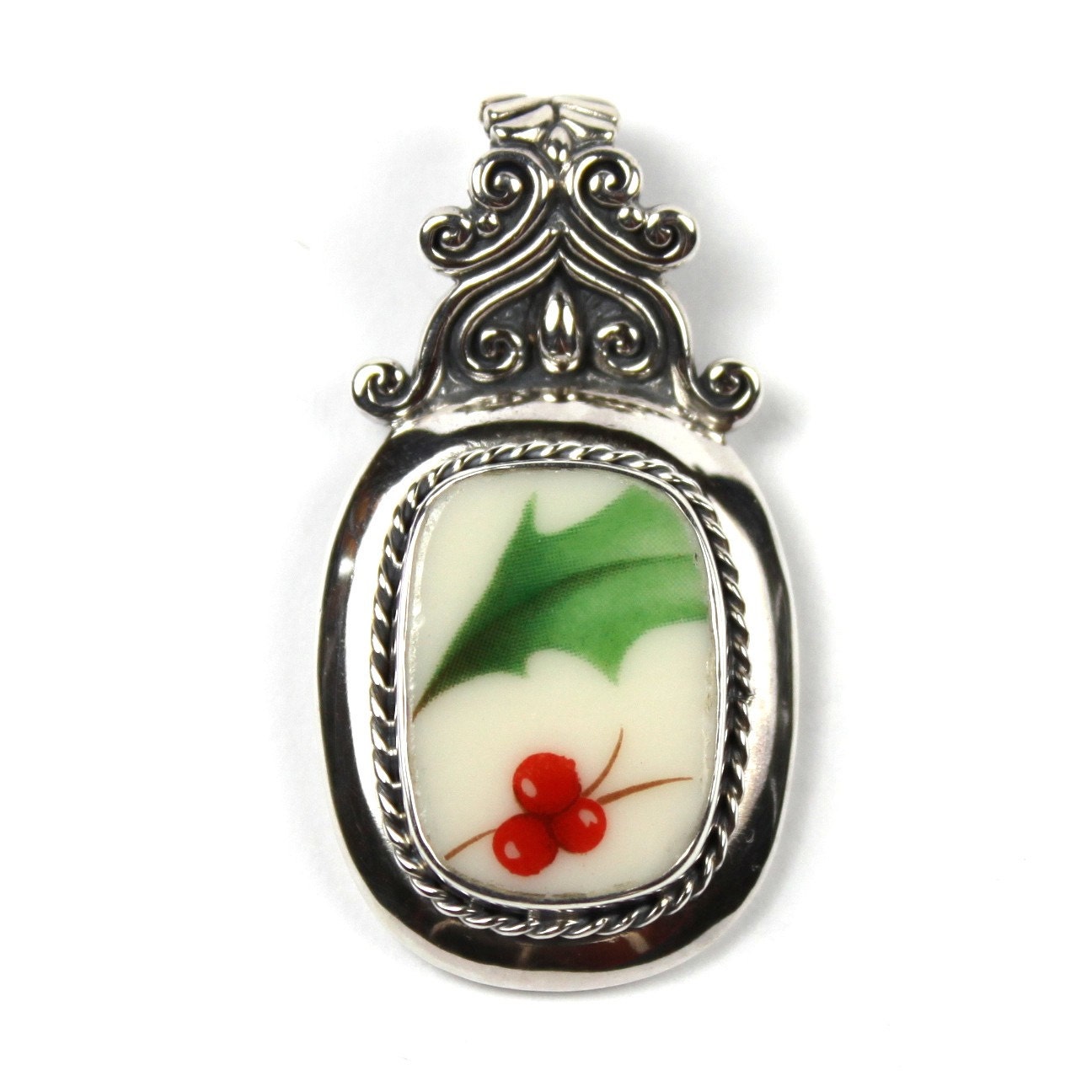 Broken China Jewelry - Lenox Holiday Holly - Sterling Silver Pendant