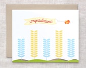 Congratulations Card - New Baby, Spring Bird, Paper Cut Hills, Hand Carved - Linen, Recycled