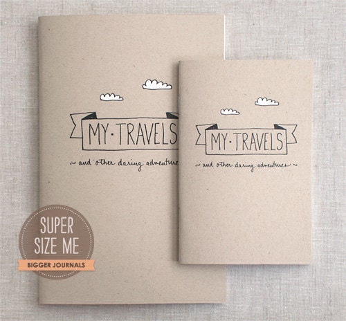 Travel Journal & Pencil Set, Recycled Pocket Size Notebook - My Travels and Daring Adventures - Brown White Clouds