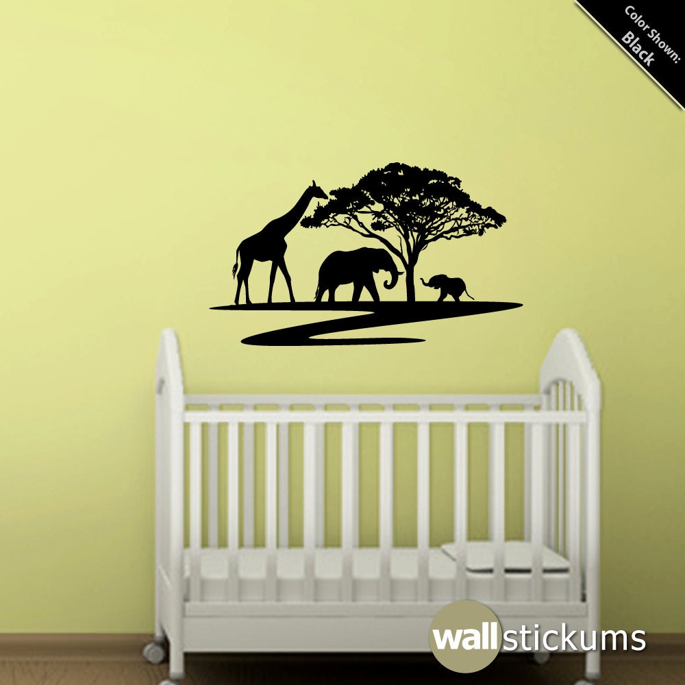 Africa Safari Wall Decal Elephant Giraffe Tree Vinyl Wall Art Decal Sticker