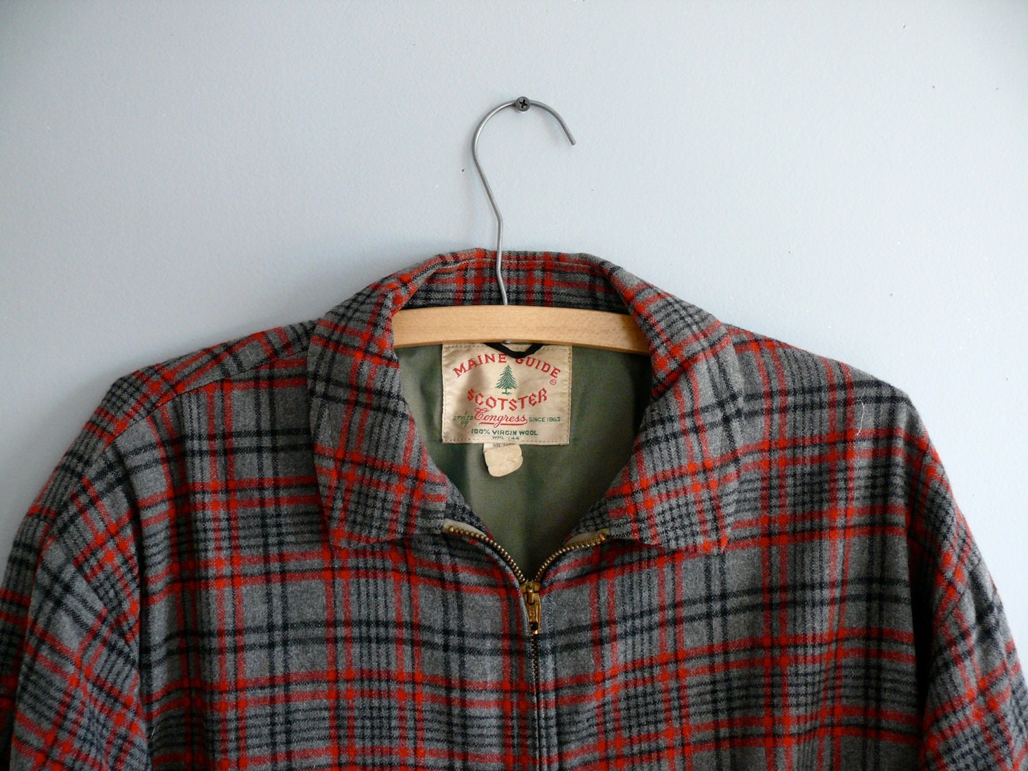 Vintage 60s Mens Plaid Coat, Gray and Red Plaid Jacket, 1960s Wool Plaid Coat