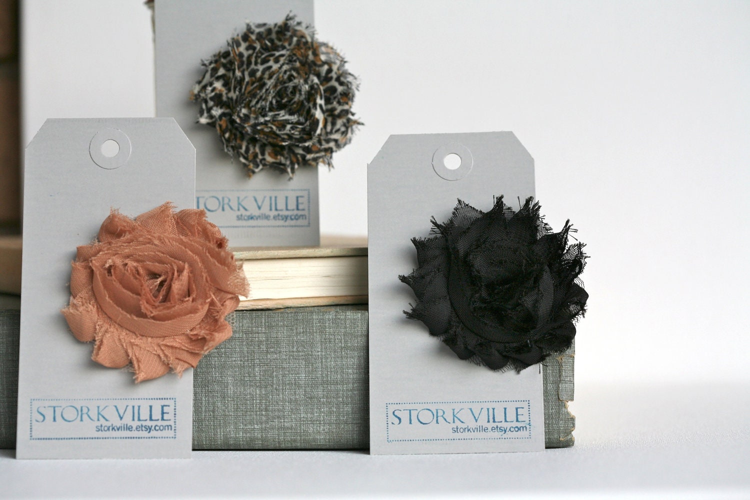 3 Shabby Flower Hair Clips (Black, Leopard, and Tan)