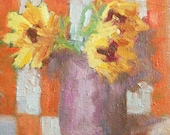 Still Life Sunflowers on Orange, 6x6 Original Oil Painting Flowers