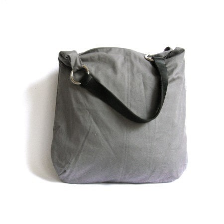 Tote bag shoulder bag large travel bag black geniune leather strap gray canvas shopping market school beach bag
