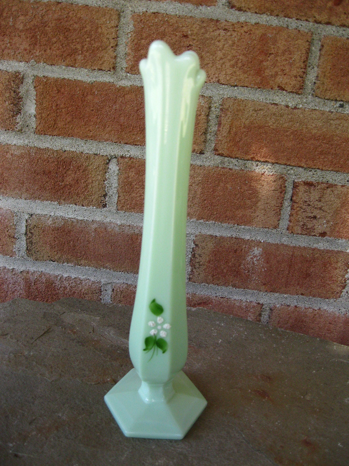 Fenton Green Custard Hand Painted Vase Flowers