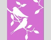 SALE - 11x14 Print - Birds On A Branch Silhouette - Fuchsia Purple and White - Minimalist, Modern, Fresh