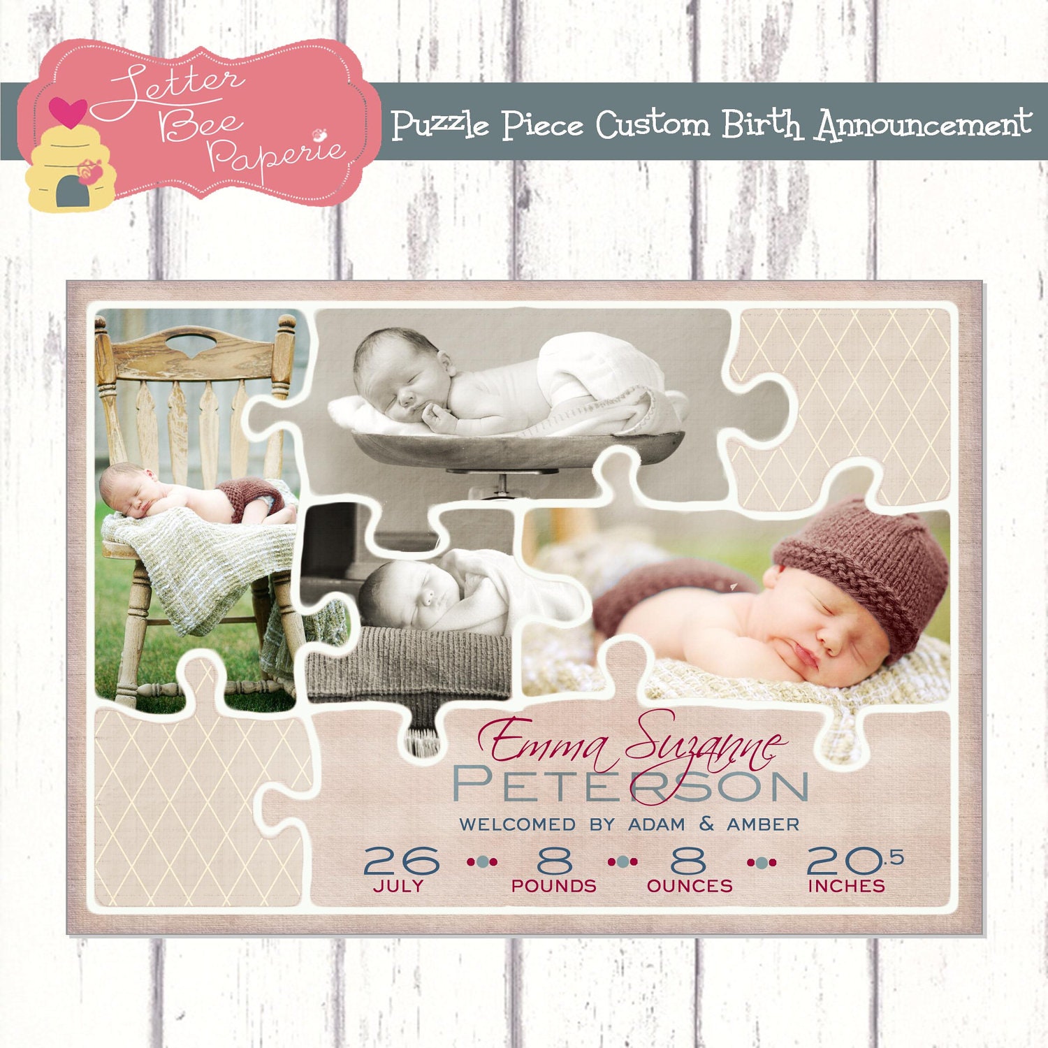 Puzzle Piece Custom Baby Girl Birth Announcement - DIY Printable File - Choose Your Colors Il_570xn