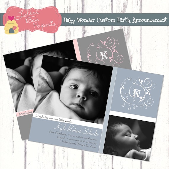 Baby Wonder Custom Photo Birth Announcement for Baby Girl or Boy- Printable - You Pick Your Colors Il_570xn
