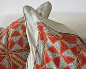An African Chainstitched Geometric Pattern Hand Embroidered Pillow with Silk Border and Back