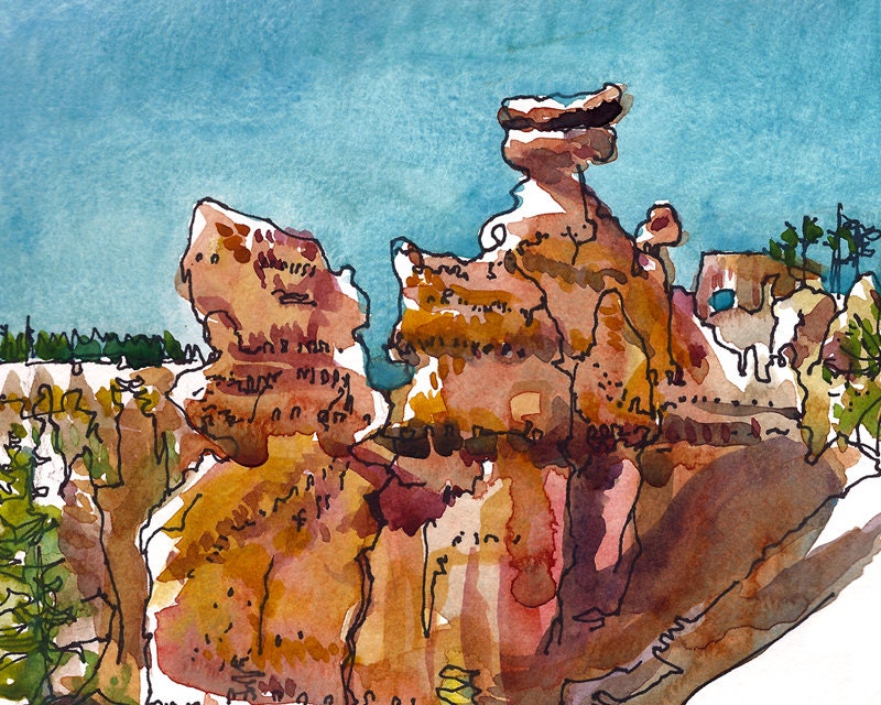 Bryce Canyon National Park, watercolor sketch  art print gift for traveler- 8x10 print