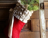 Red Burlap Christmas Stocking, cotton ruffles, custom, personalized