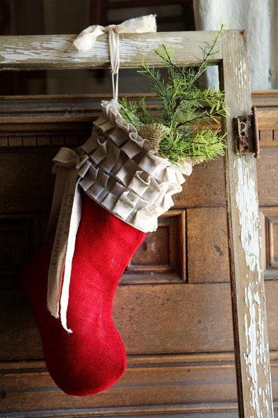 Red Burlap Christmas Stocking, cotton ruffles, custom, personalized