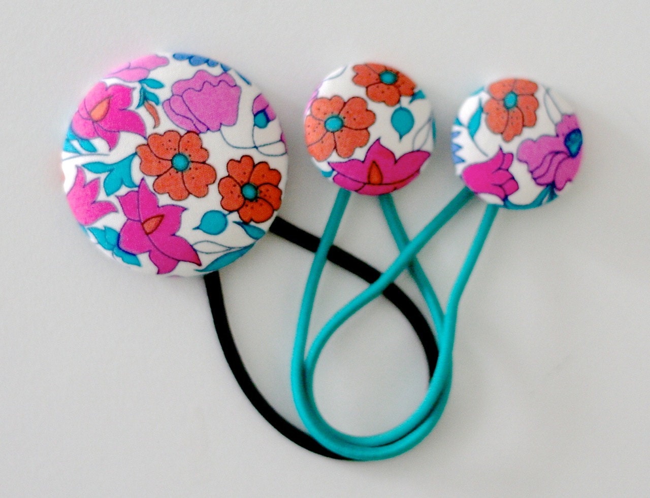 Liberty of London Hair Elastics Set - Super Large single and Medium Pair snagless -  Lovely Floral Pink Teal Green Orange