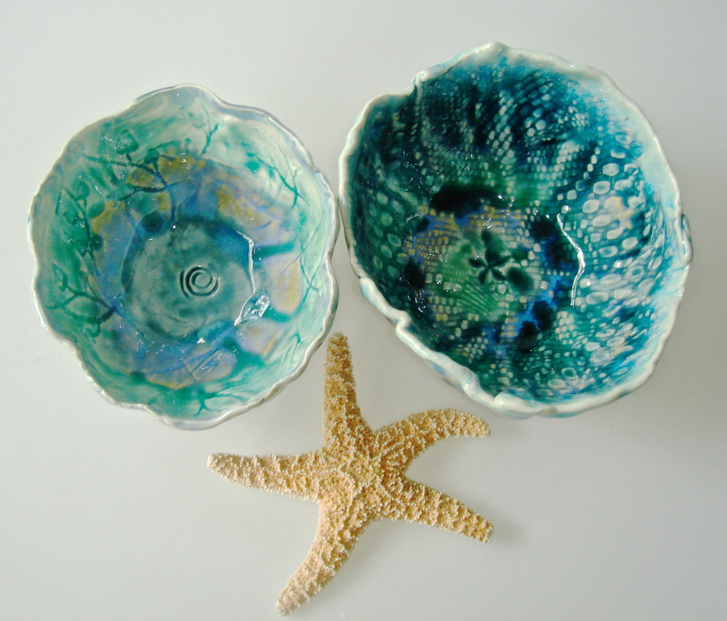 Decorative bowls, Organic shaped ceramic bowls with lace texture, teal, turquoise cerulean and emerald green