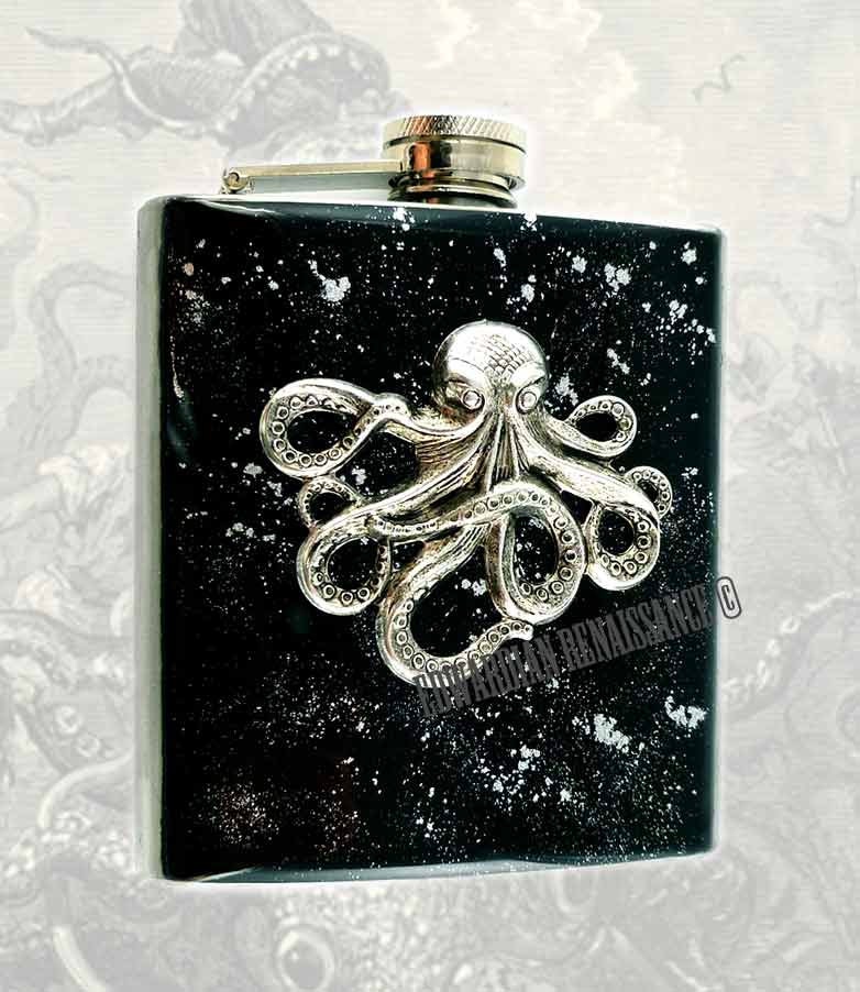 Steampunk Antique Silver Octopus Flask Black Neo Victorian Kraken Stainless Steel Metal Hip Flask