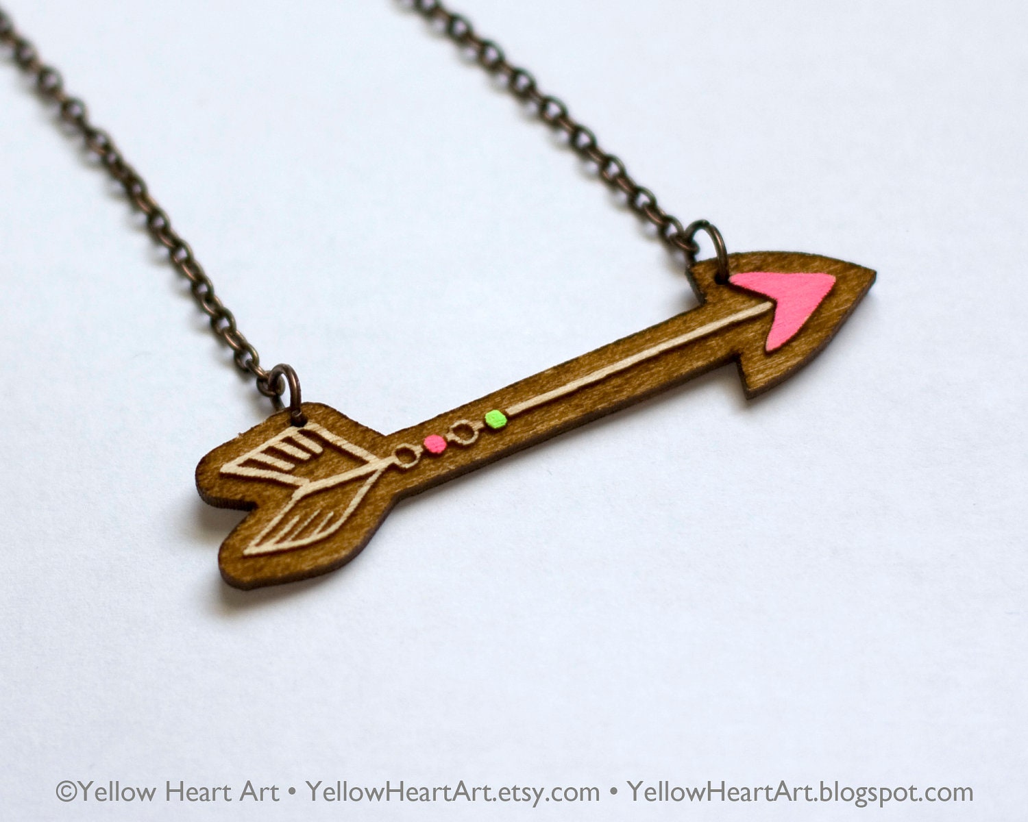 Neon Pink and Neon Green Arrow Wood Necklace Original Artwork by Yellow Heart Art