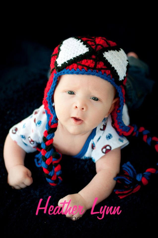 Crocheted Spiderman Beanie with earflaps & braided ties
