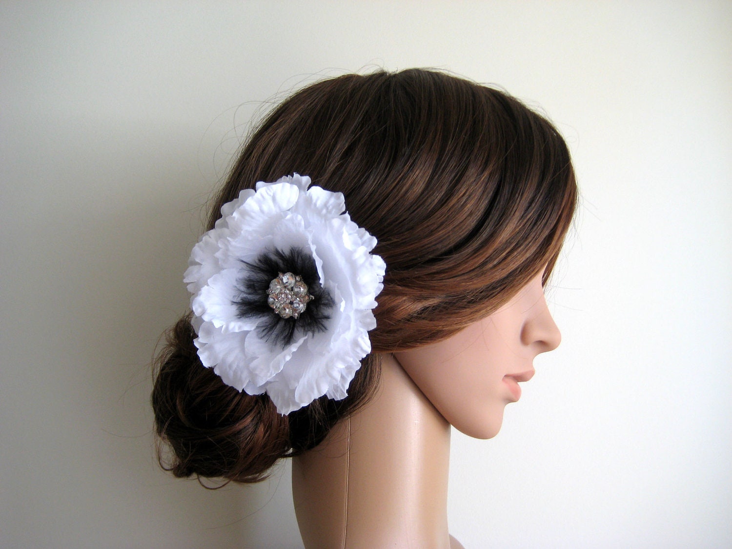 Wedding Bridal White Silk Flower Black Feather Rhinestone Jewel Head Piece Hair Clip Fascinator Accessory READY TO SHIP
