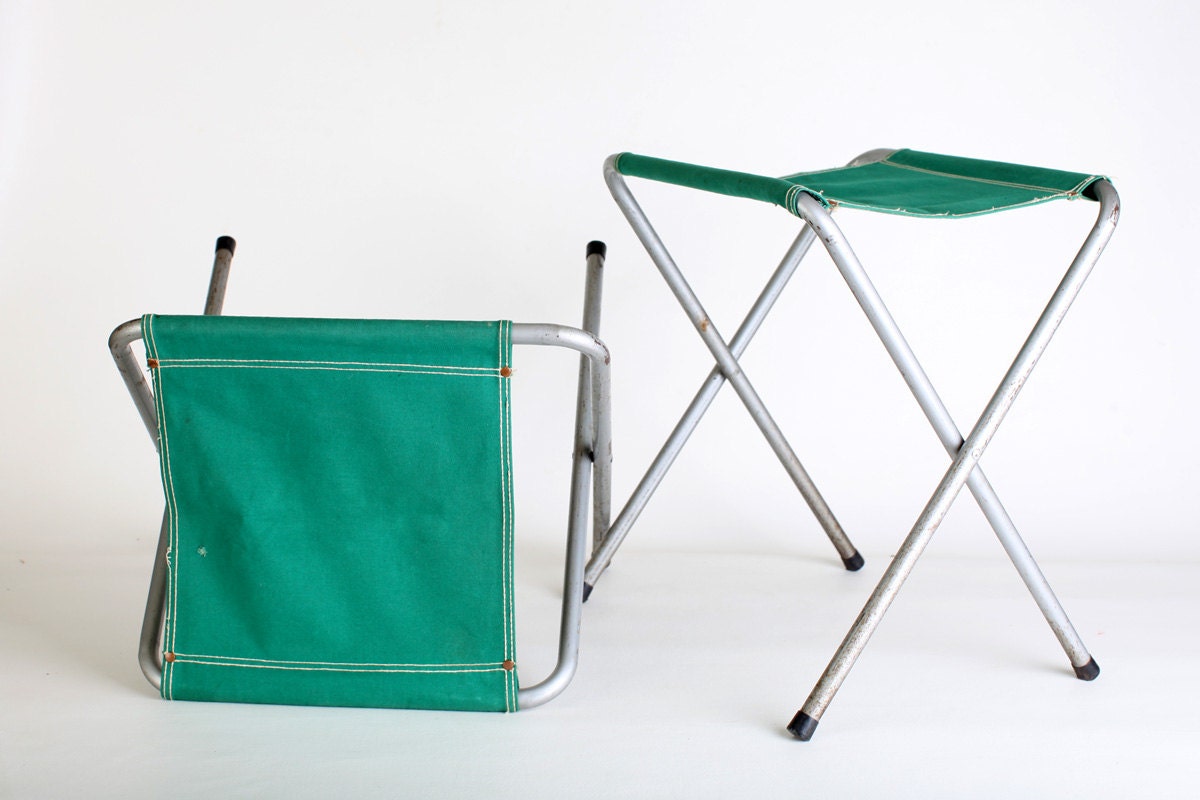 Vintage Green folding metal camp stools, set of two