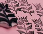 Flower Rubber Stamp Hand Carved Stem Flower Leaf Embellishment Supply