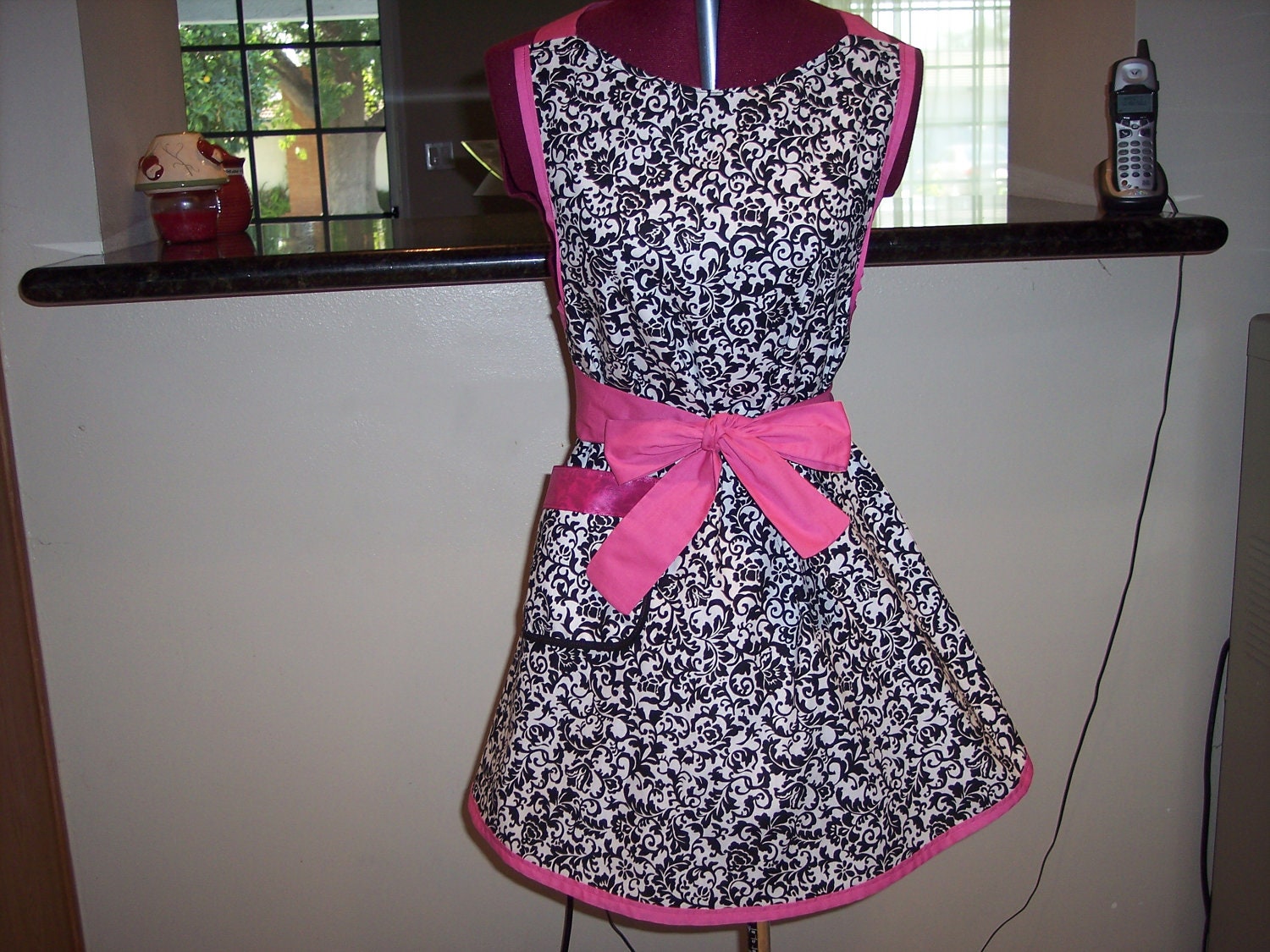 Retro Black and White Damask "Kailey" Apron with Pink Trim