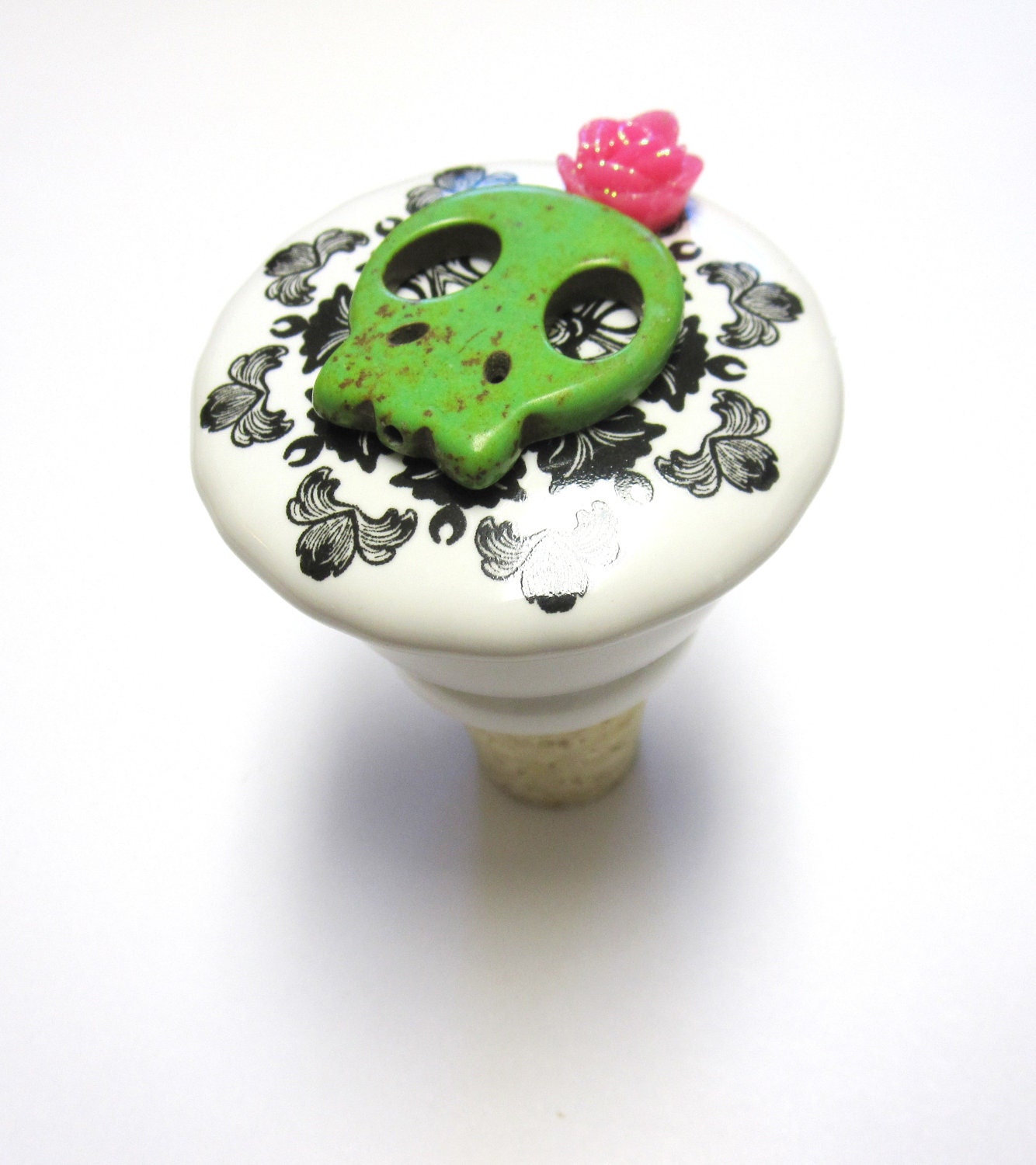 Sugar Skull Wine Stopper Day of The Dead Skull Lime Green Hot Pink Rose