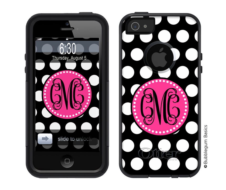 OTTERBOX COMMUTER iPhone 5 4/4S Case Custom Black White Polka Dot Hot Pink Name Initial Personalized Monogram