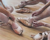 Ballerinas tying pointe shoes signed limited edition giclee print. Fits IKEA frames