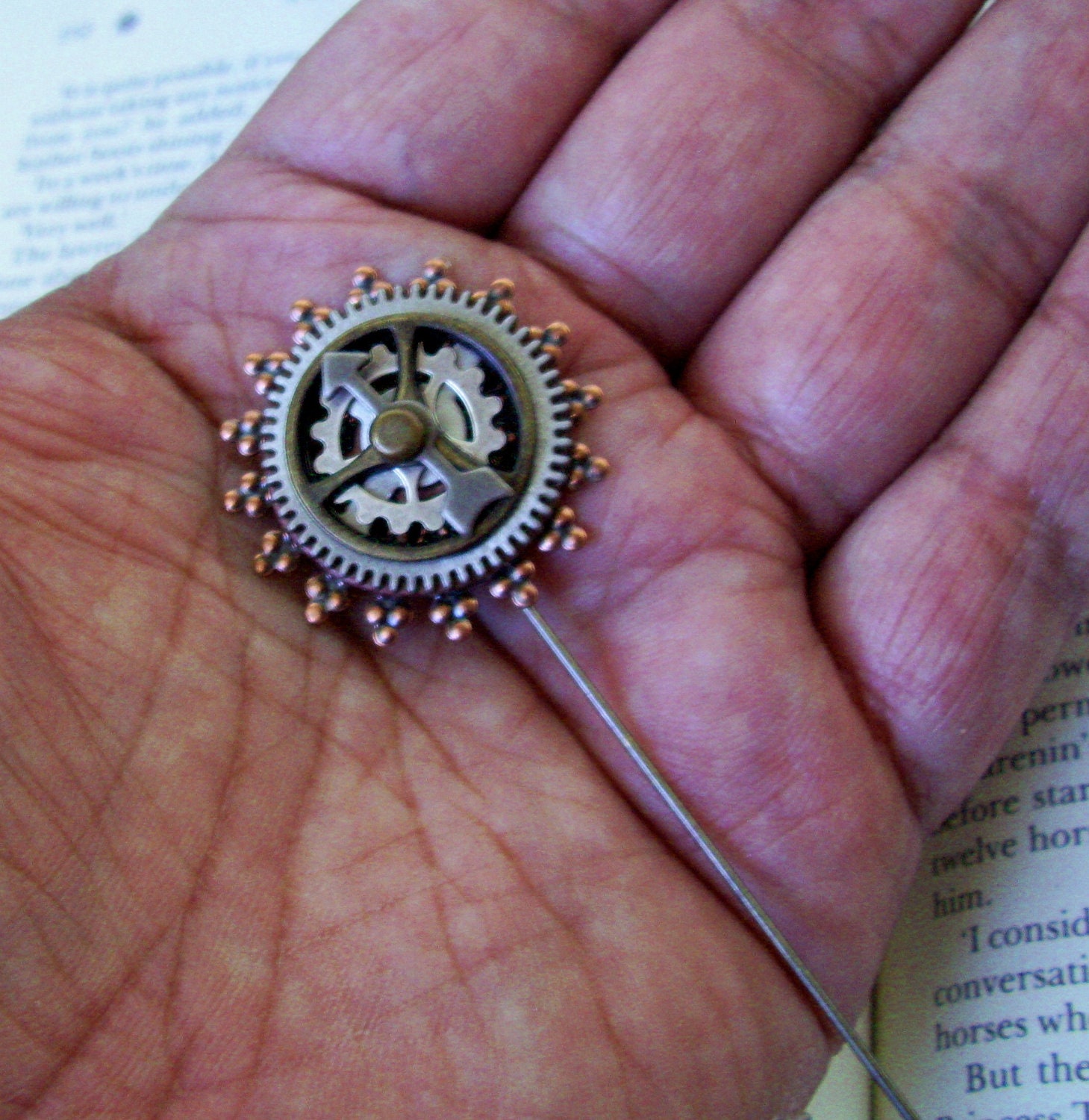 Steampunk Stick Pin (SP6-2) - Time Travel / Clockworks Design - Brass Gears and Spinners - Hat Pin