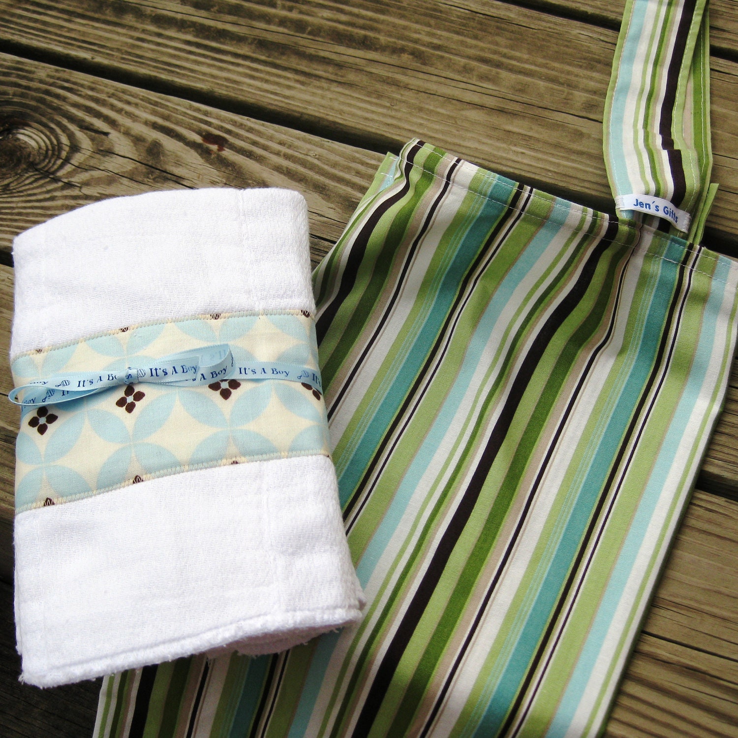 Nursing Cover Up and 3 Burp Cloths in Blue, Green and Brown, Breastfeeding Cover, Spit Rags