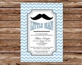 Printable Blue Gray Chevron Little Man Baby Shower Invitation