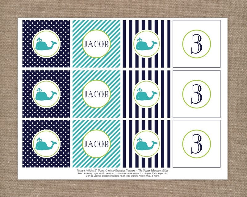 Custom Printable Preppy Whale Birthday Party 2 inch Party Circles/Cupcake Toppers Il_570xn