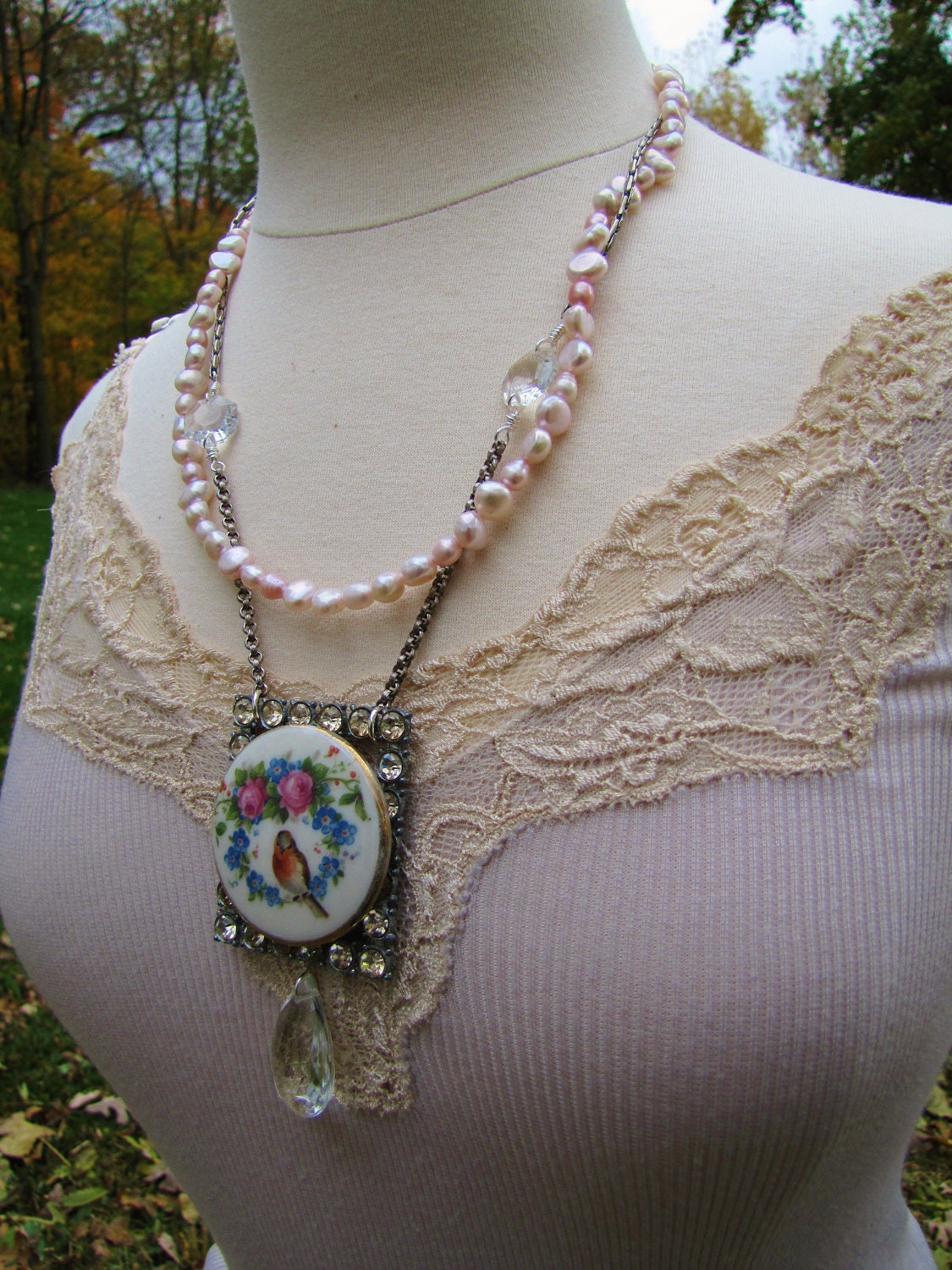 Vintage Porcelain Pendant Necklace- Hand Painted China- Robin Bird in Floral Wreath- Art Deco Buckle- Pink Freshwater Pearls- Pure Romance