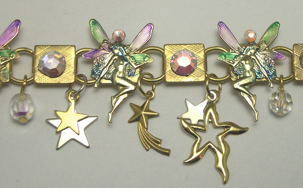 Charm Fairy Bracelet, fairy bracelet, fey charm bracelet, upcycled, recycled, eco friendly, fairy jewelry, fantasy jewellery, ooak