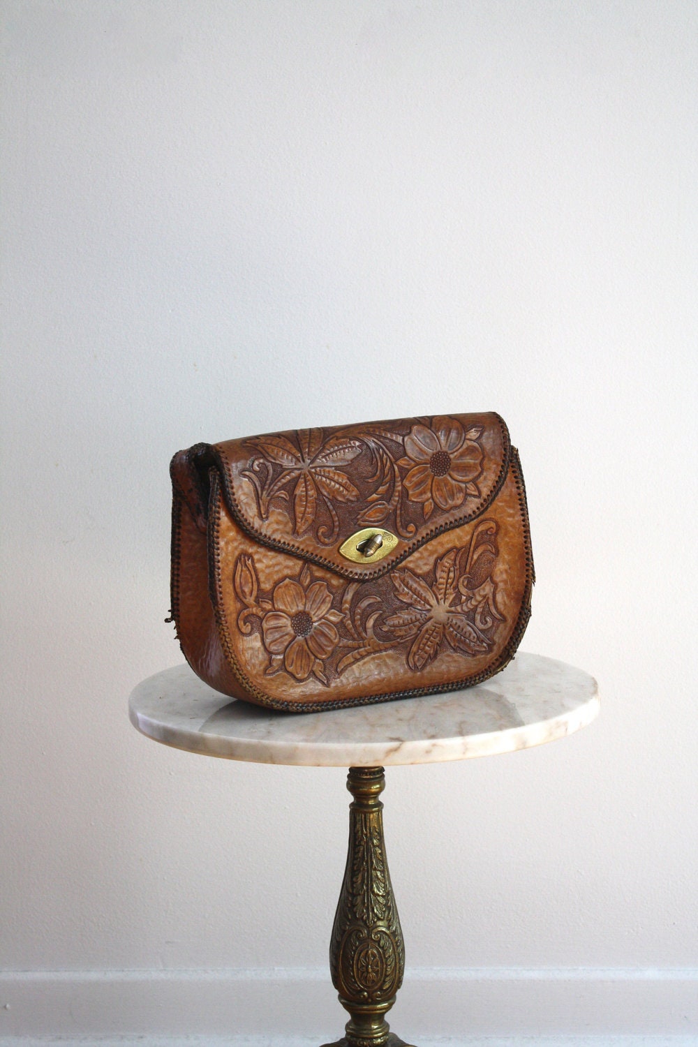 MEXICAN Bag Leather Brown Brass Tooled Floral - 1960s VINTAGE